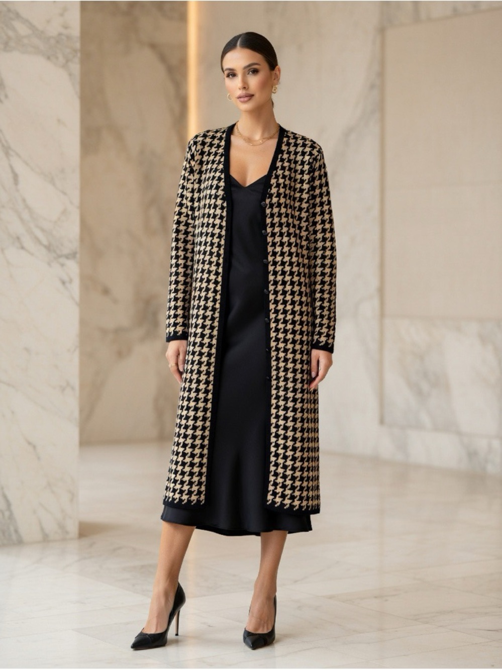 Colette Mordo Limited Edition Houndstooth Cardigan Sweater M Black Beige